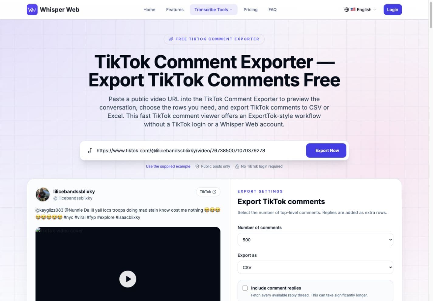 Whisper Web TikTok Comment Exporter preview with a public TikTok post and export controls