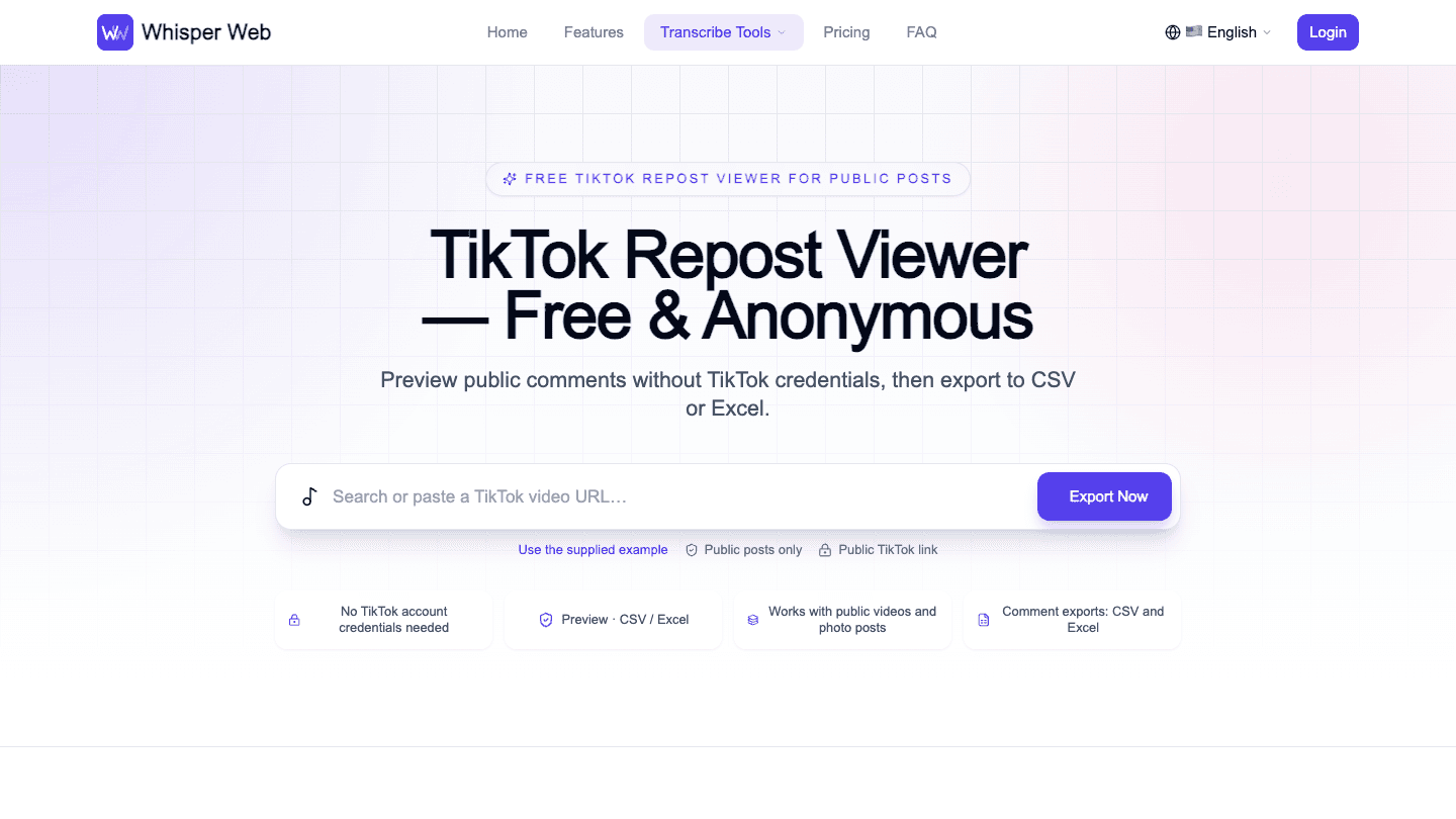 Whisper Web tiktok repost kyker — Voorskou · Voer uit